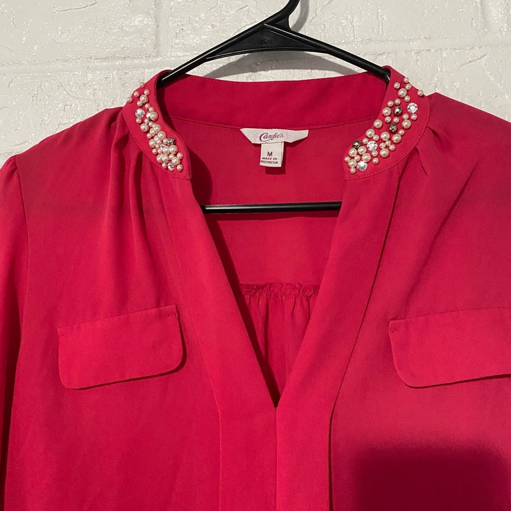 Candie's Raspberry Color Embellished Collar Blouse - Picture 5 of 14